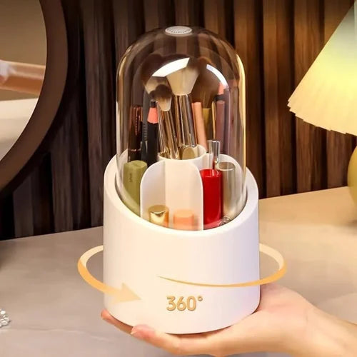 360° Rotating Makeup Brush Storage Box Portable Desktop Cosmetic Organizer,7 Slots Transparent Makeup Brush Box Dust Free Makeup Brush Organizer for Display Stand Bedroom Dresser Bathroom Counter Top
