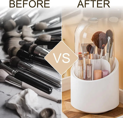 360° Rotating Makeup Brush Storage Box Portable Desktop Cosmetic Organizer,7 Slots Transparent Makeup Brush Box Dust Free Makeup Brush Organizer for Display Stand Bedroom Dresser Bathroom Counter Top
