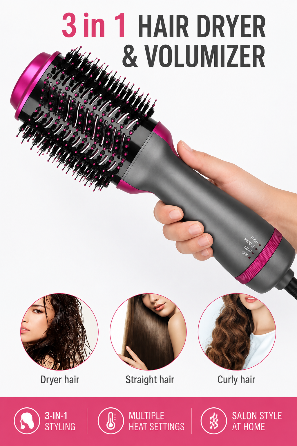 One Step 3 in 1 Hair Dryer & Styler | Hair Dryer Brush | Hot Air Brush | Hair Volumizer