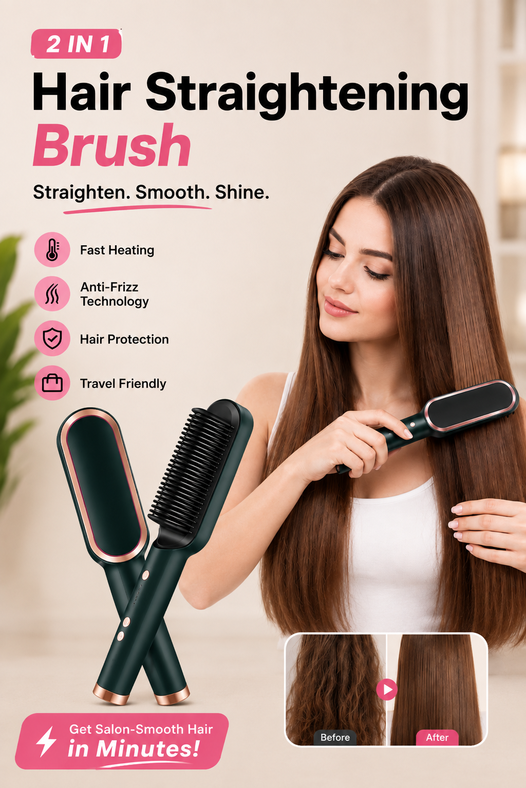 Electric Straightening Hair Brush Straightener Curler Heating Styling Comb